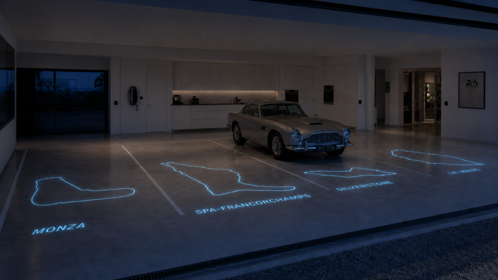 Même garage la nuit, dans la teinte sélectionnée