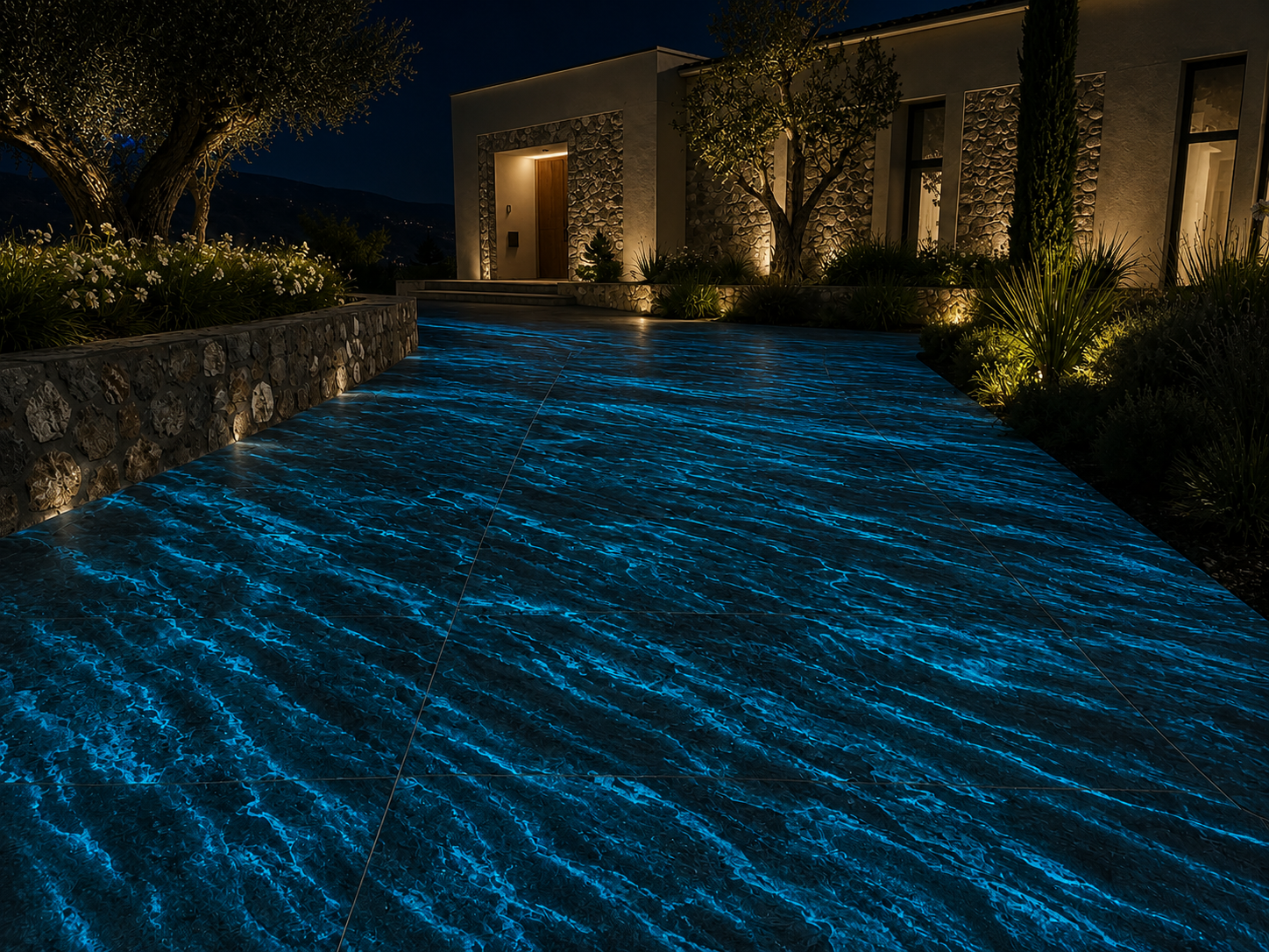 Même allée la nuit — pavés en pierre lumineuse bleu lagon qui constellent le sol