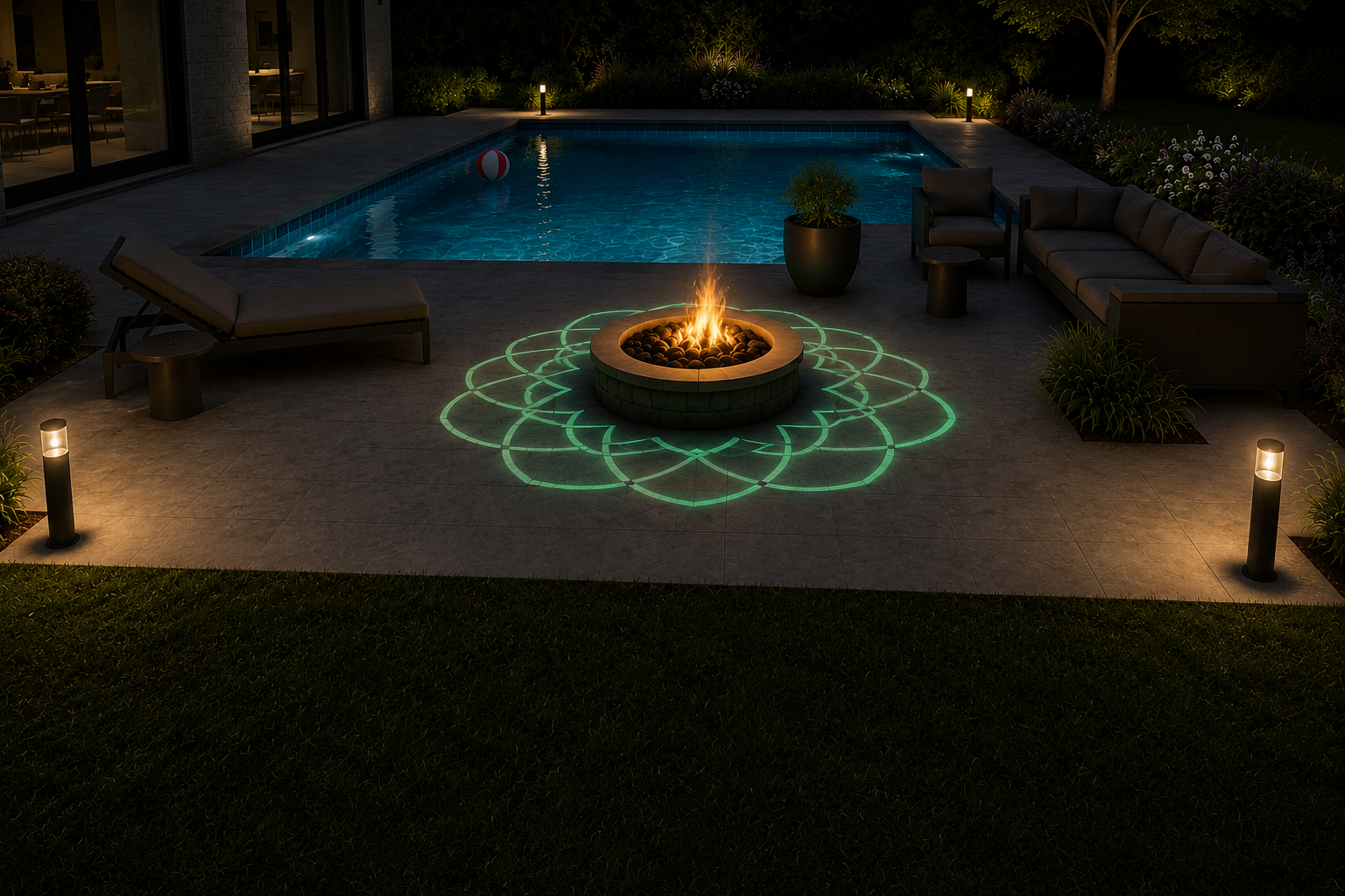 Même terrasse la nuit — rosace en pierre lumineuse verte qui rayonne autour du brasero