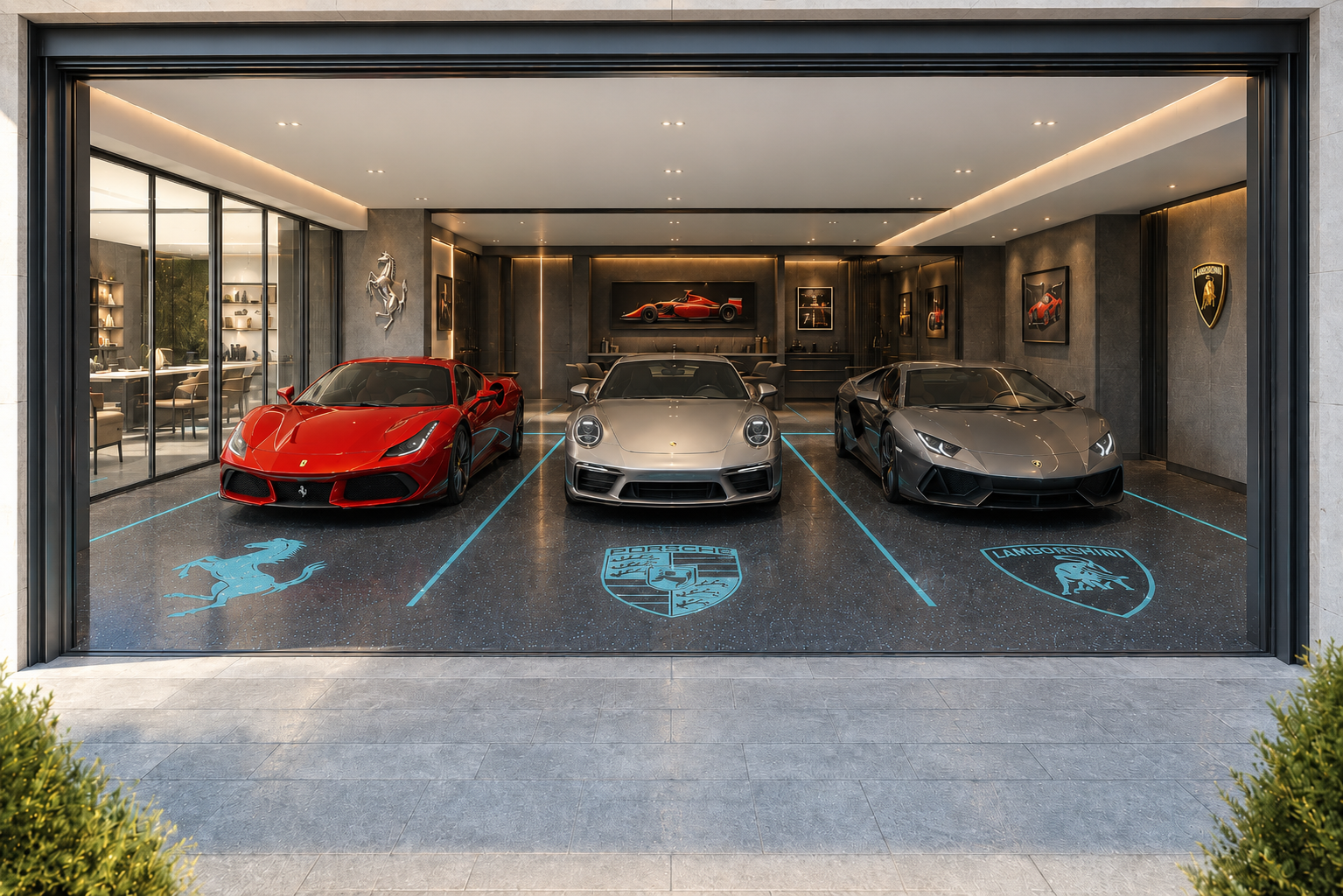 Garage automobile avec emplacements délimités par des tracés en pierre minérale — vue de jour