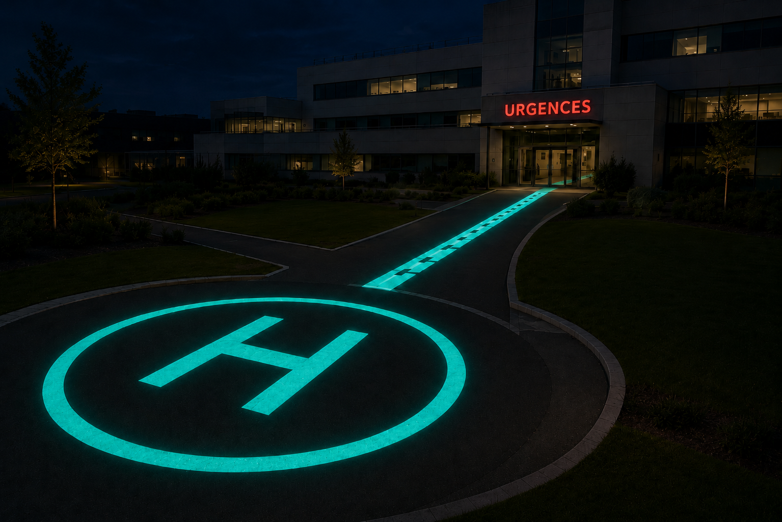 Même aire la nuit — cercle, H et voie d'approche en pierre lumineuse turquoise, visibles sans balisage électrique