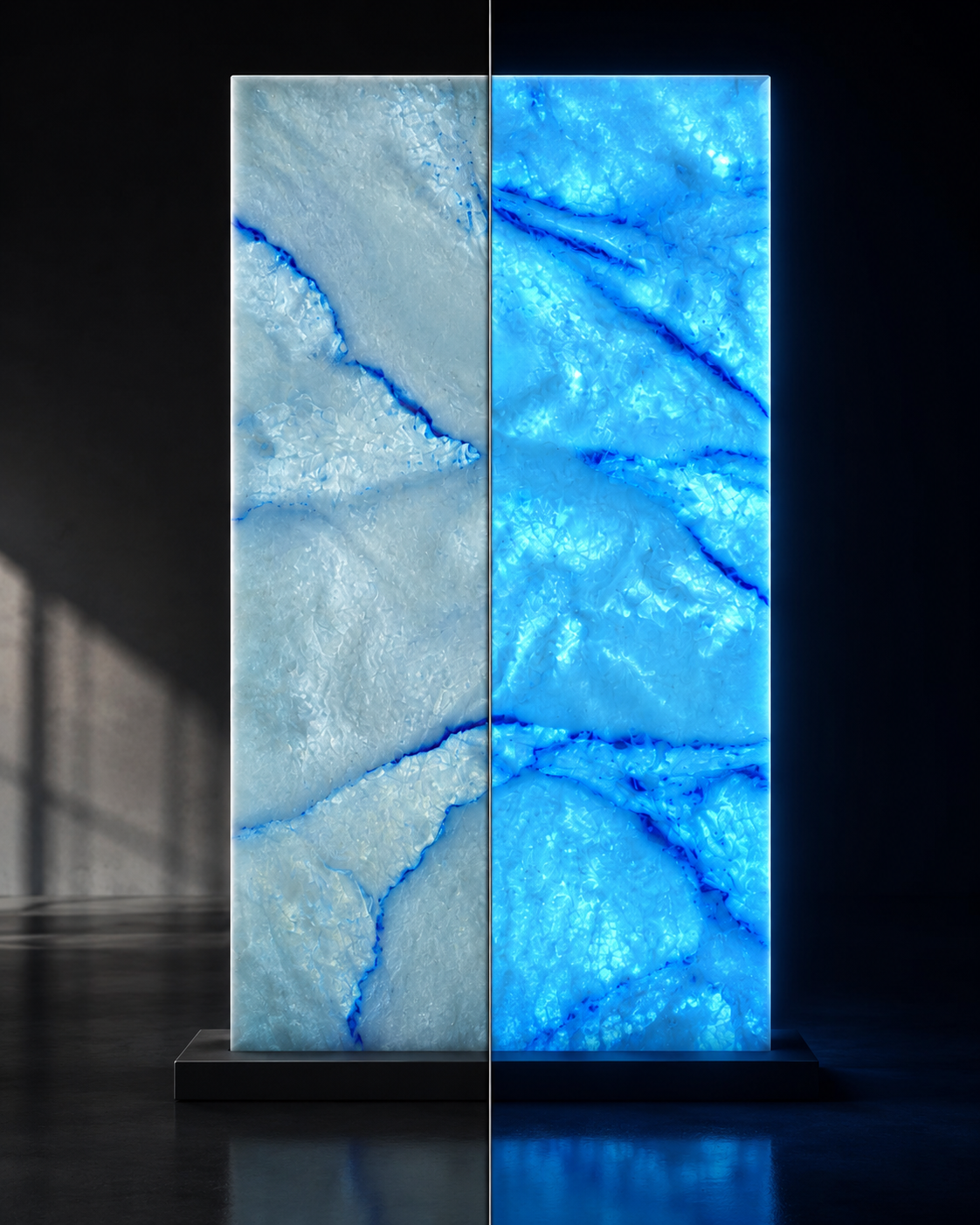 Pierre lumineuse coloris Azur — à gauche vue de jour, à droite luminescence bleu ciel phosphorescente