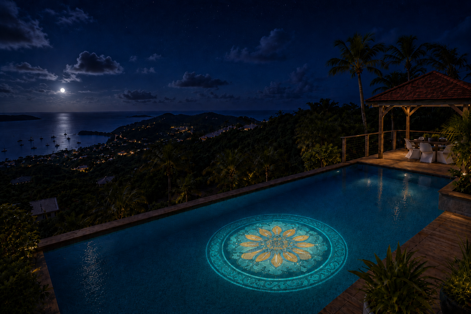 Même piscine la nuit — deck en pierre lumineuse turquoise qui rayonne au-dessus de la baie