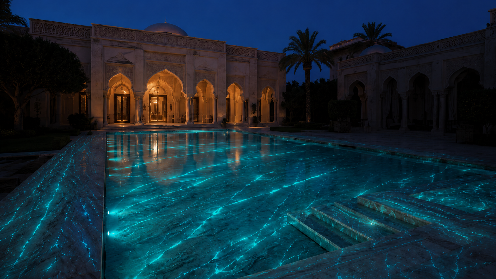 Même bassin la nuit — margelle en pierre lumineuse turquoise qui rayonne sous les arcades éclairées