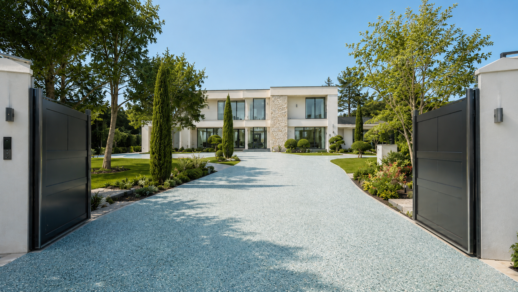 Allée de villa en résine de pierre minérale — vue de jour, granulats clairs drainants