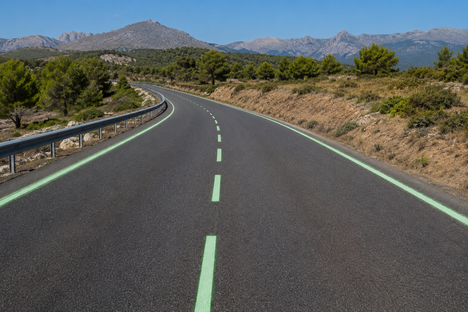 Route de montagne avec bande de marquage en pierre lumineuse — vue de jour, finition claire discrète