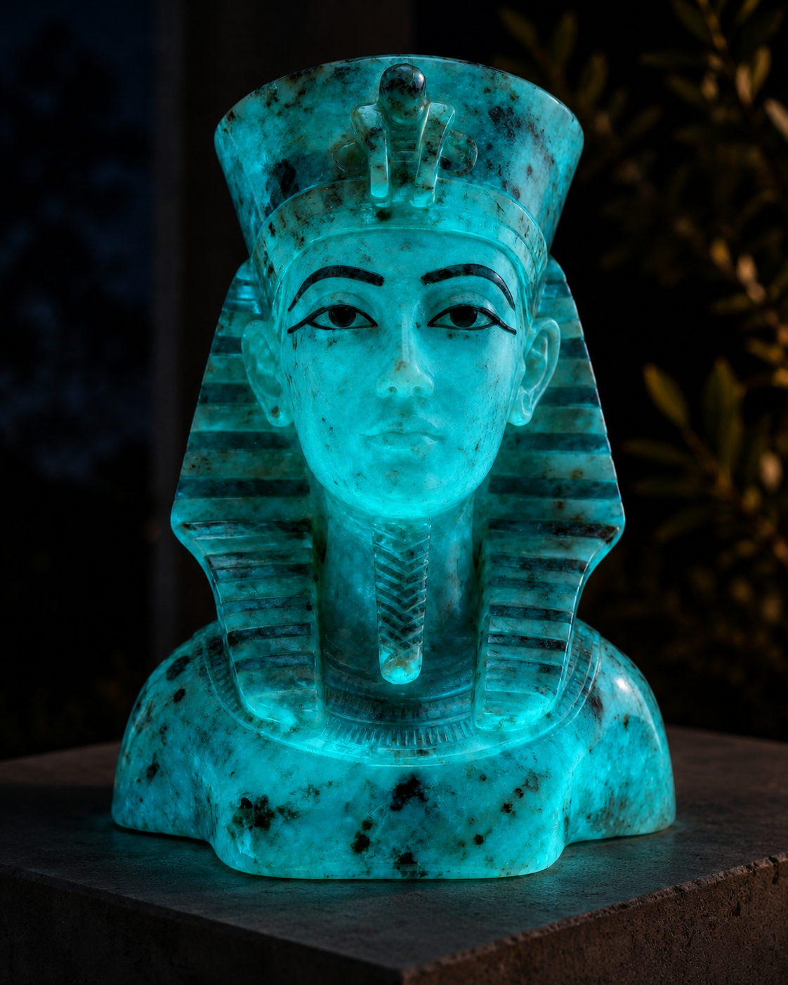 Même buste la nuit — luminescence turquoise profonde révélée depuis l'intérieur de la pierre