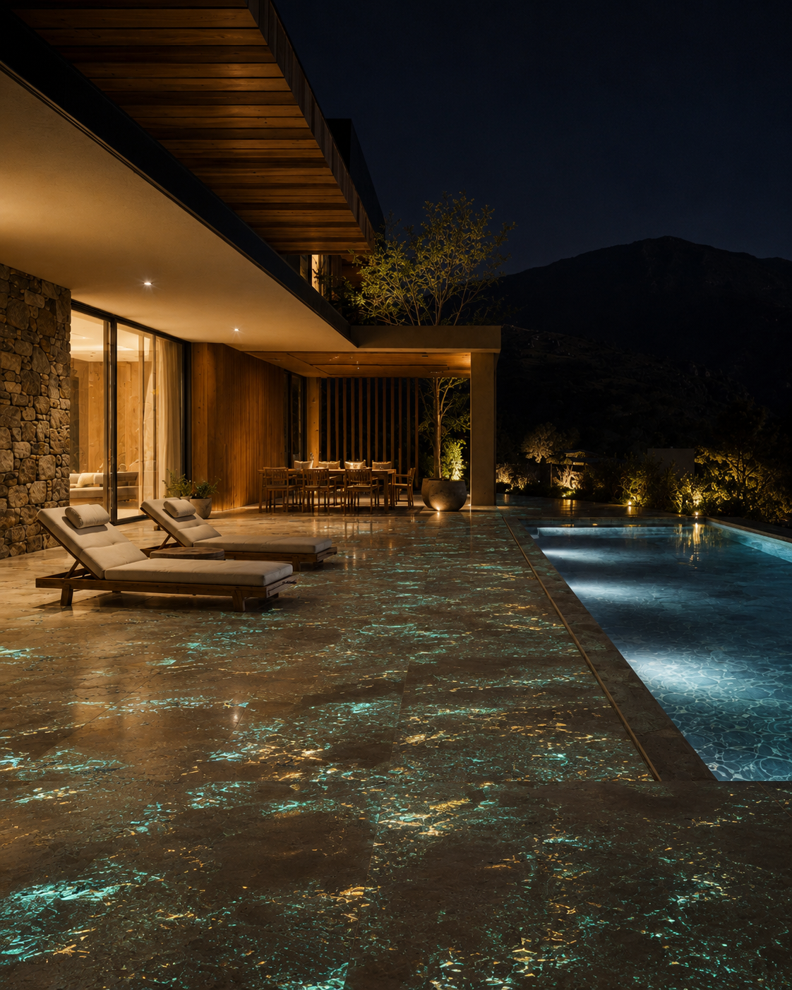Terrasse de villa avec dallage en pierre lumineuse turquoise — vue nocturne haut de gamme