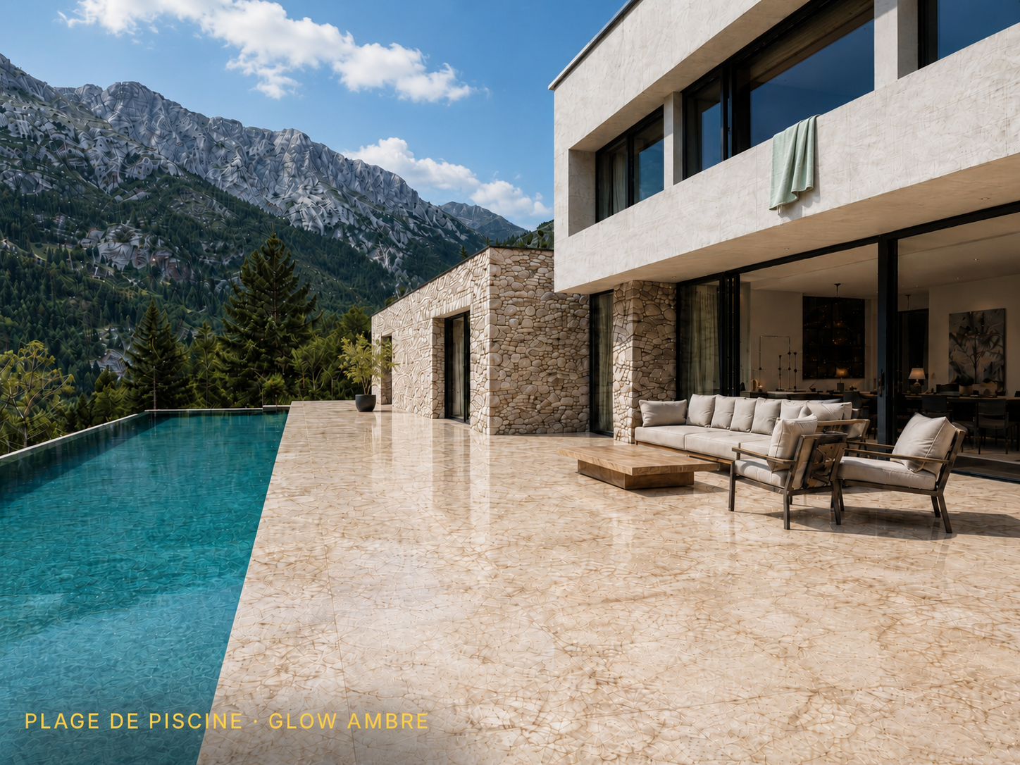 Plage de piscine en pierre lumineuse — villa, vue de jour avec montagnes en arrière-plan