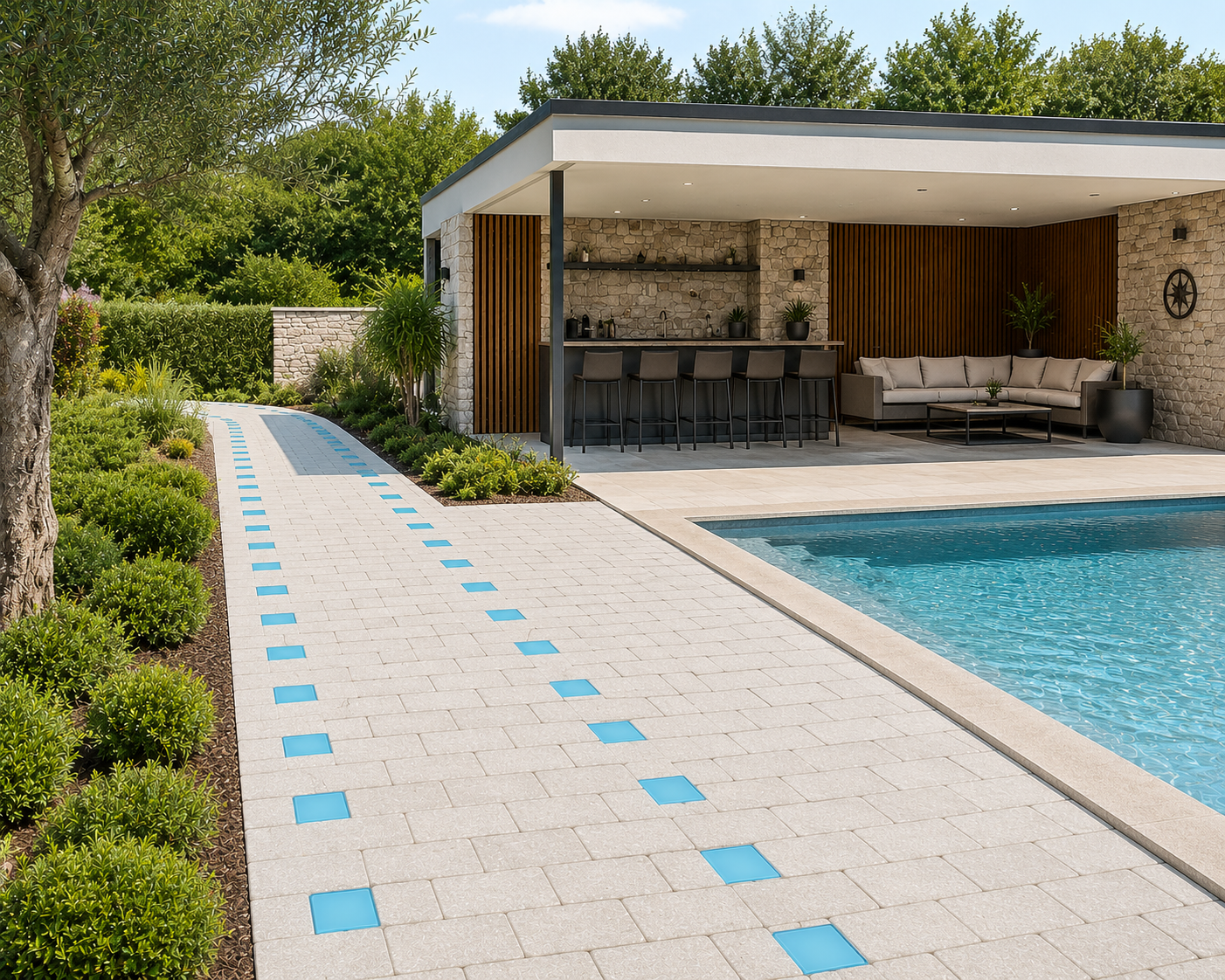 Allée de villa délimitée par des pastilles en pierre minérale — vue de jour, vers un pool house