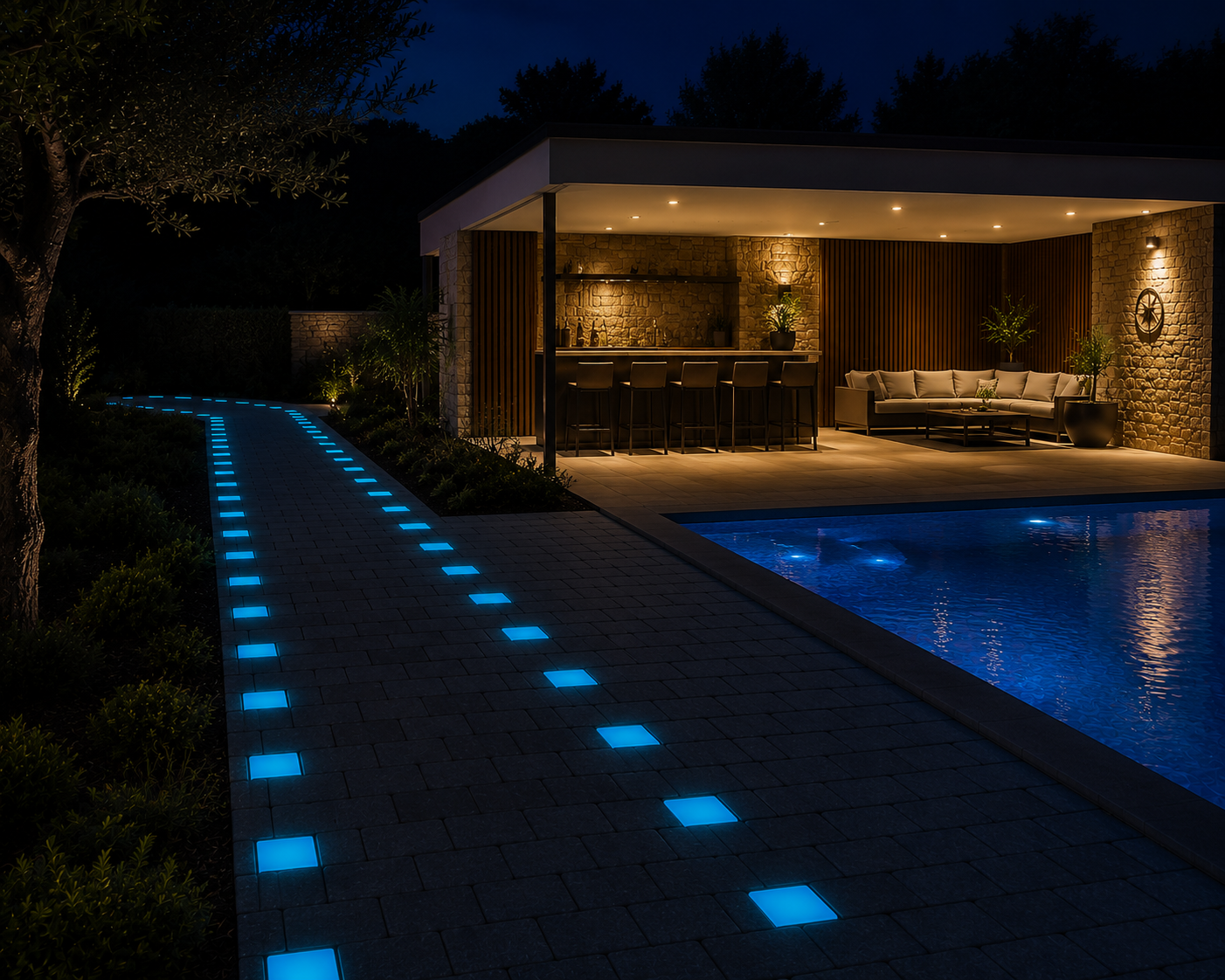 Même allée la nuit — pastilles en pierre lumineuse bleu lagon qui délimitent tout le tracé